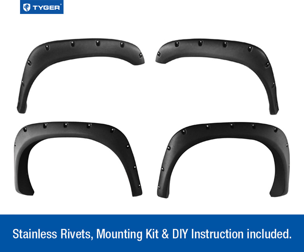 Tyger Auto, Tyger Bolt-Riveted Style Fender Flares Dodge Ram (02-09) 4PC Paintable Fine-Textured Matte Black