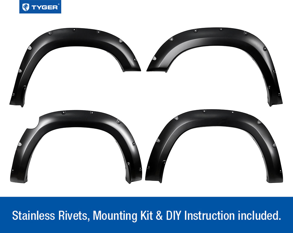 Tyger Auto, Tyger Bolt-Riveted Style Fender Flares Ram 1500 Double & Crew Cab (19-22) 4PC Paintable Smooth Matte Black