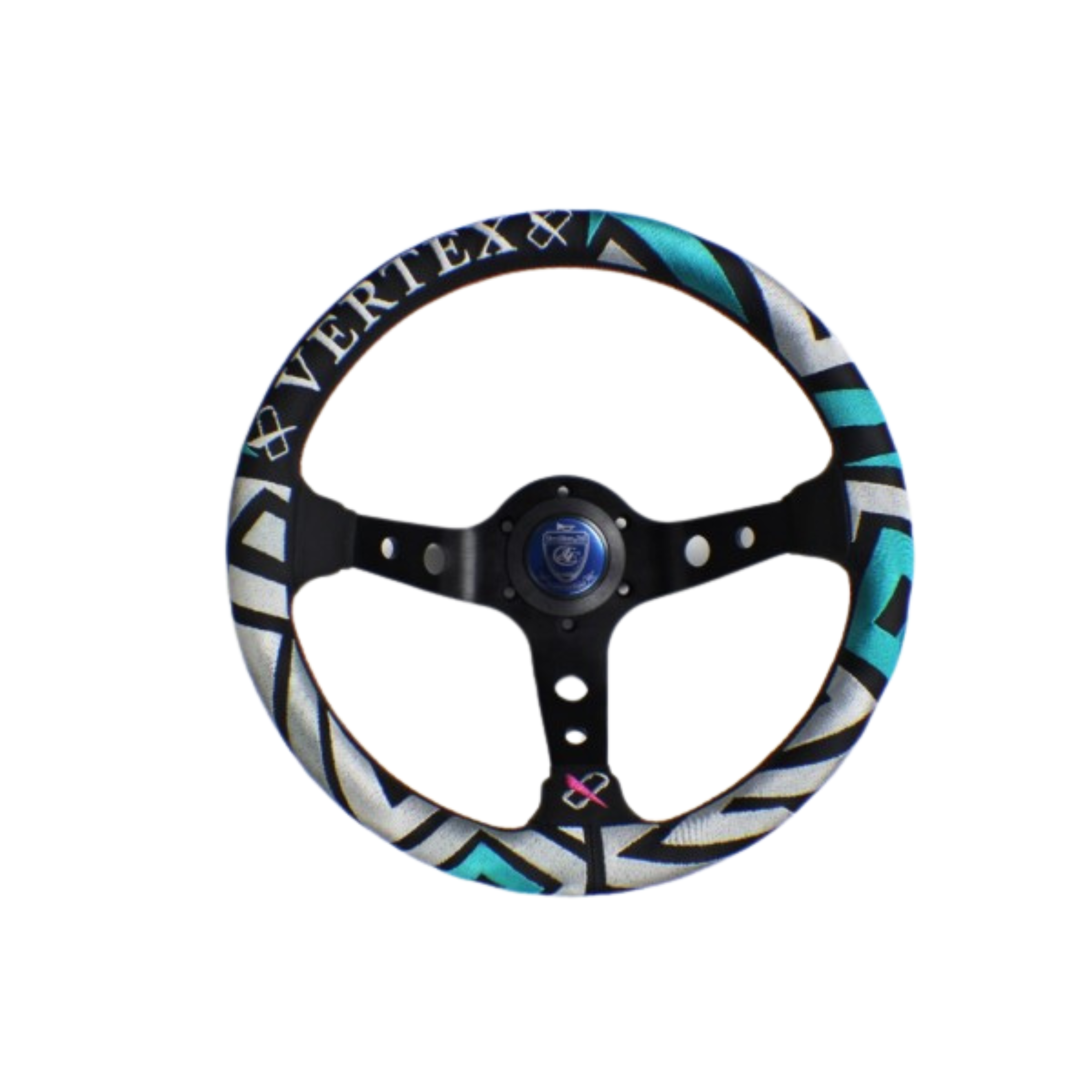 Vertex, Vertex Deep Dished Leather Steering Wheel (Labyrinth 330mmx90mm) Black w/ White Stitching