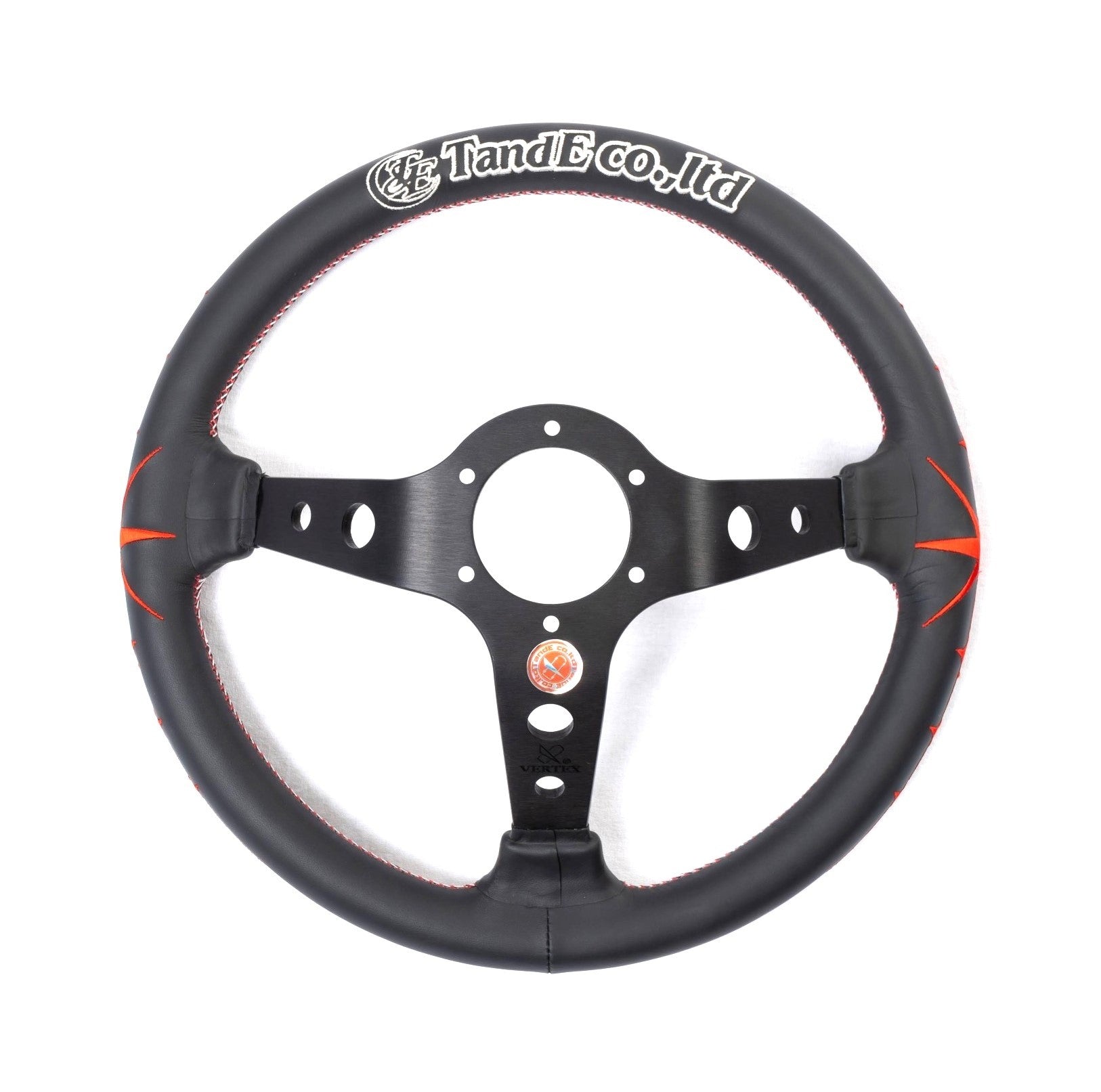 Vertex, Vertex Deep Dished Leather Steering Wheel (Lang 330mmx90mm) Black w/ Red Stitching