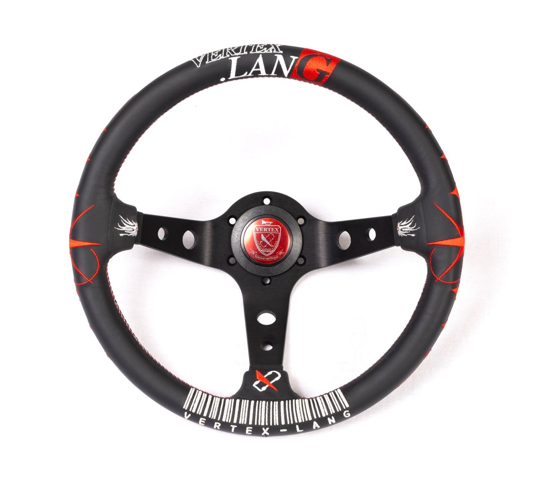 Vertex, Vertex Deep Dished Leather Steering Wheel (Lang 330mmx90mm) Black w/ Red Stitching