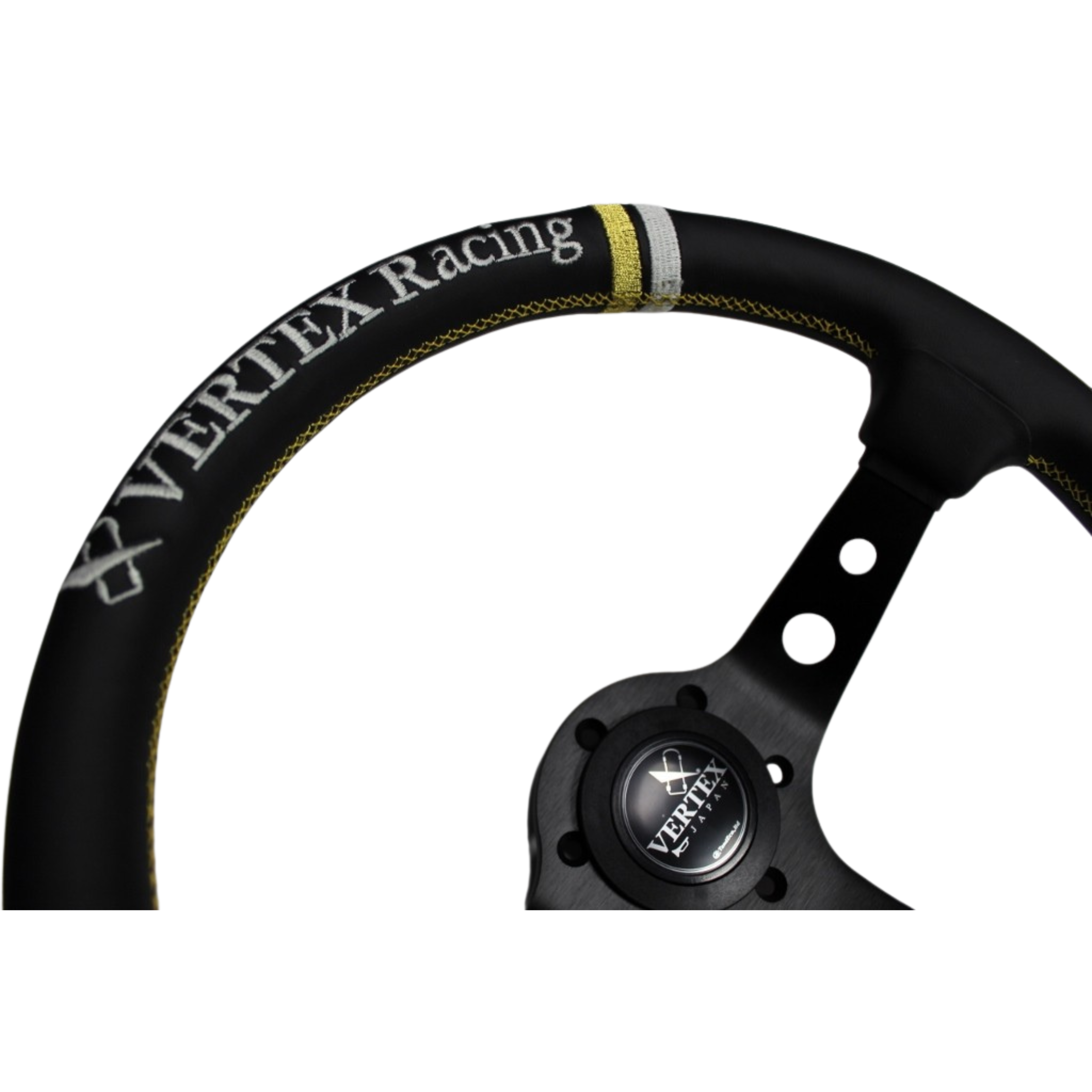 Vertex, Vertex Deep Dished Steering Wheel (Racing 330mmx90mm) Black Leather w/ Gold and White Stitching