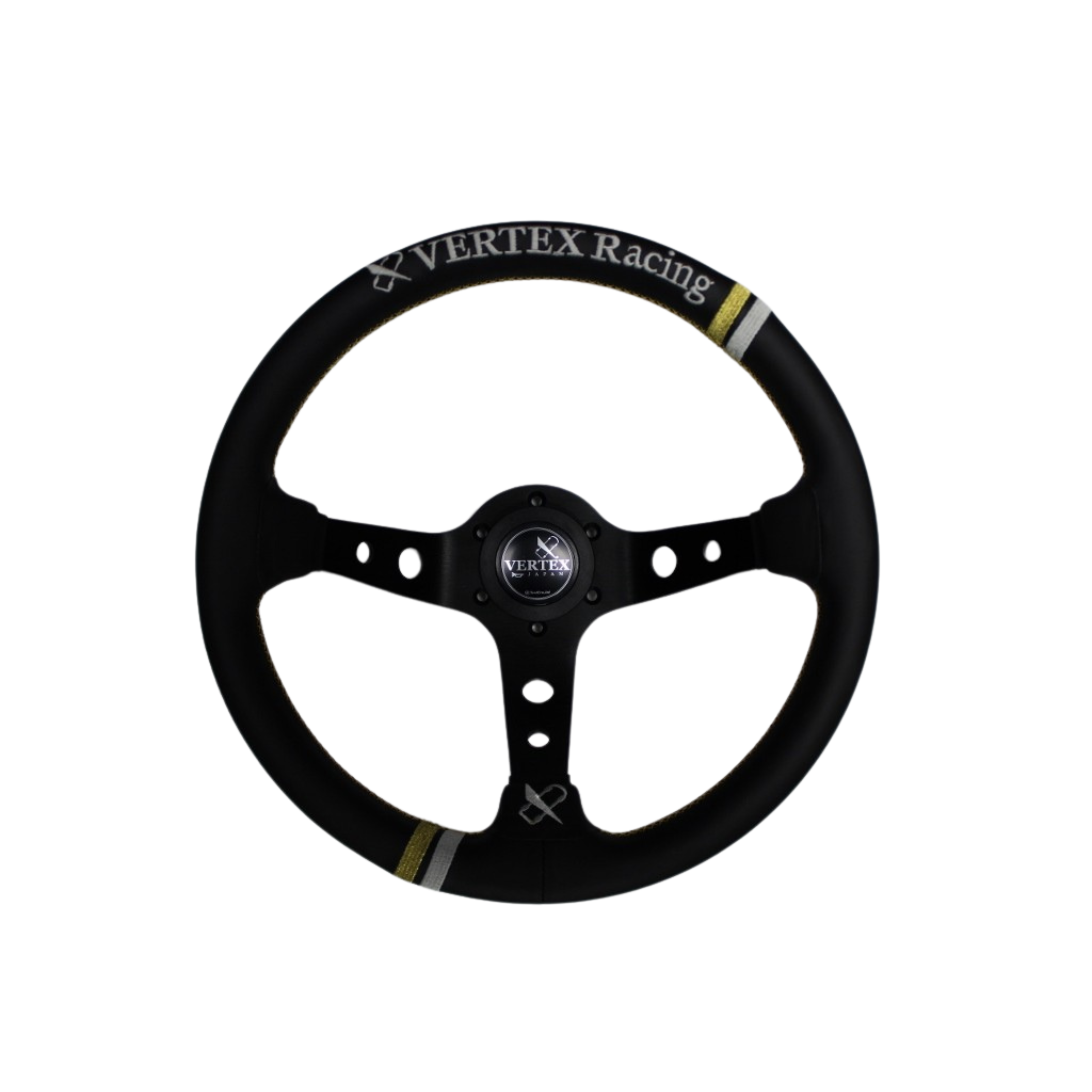 Vertex, Vertex Deep Dished Steering Wheel (Racing 330mmx90mm) Black Leather w/ Gold and White Stitching