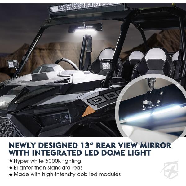 Xprite USA, Xprite 13" Curved UTV Rear View Mirror w/ Integrated LED Lights & Switch for 1.75"-2" Rollbars - UTV-CM-G11