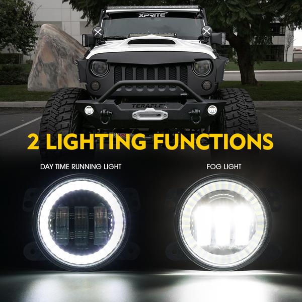 Xprite USA, Xprite 4" CREE LED Fog Lights Land Rover Defender 90 / 110 w/Halo Ring DRL - Blue/Green/Red/White/Amber