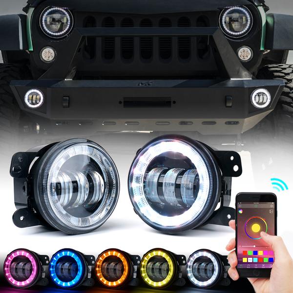 Xprite USA, Xprite 4" LED Fog Light Jeep Wrangler JK (2007-2018) Grand Cherokee (2011-2013) w/ RGB Halo - FL-R4IN-RGB