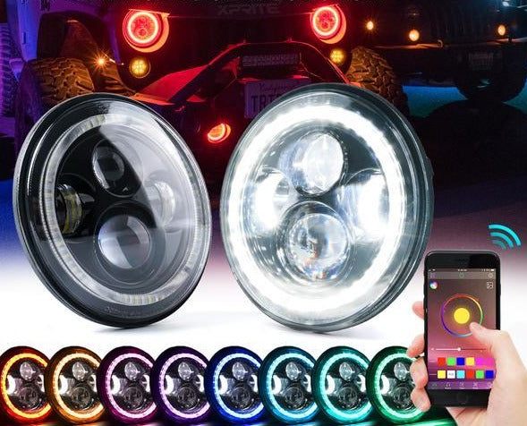 Xprite USA, Xprite 7" 90W CREE LED Headlights Jeep Wrangler JK [w/ RGB Halo] (1997-2018) HL-90W-G1-RGB