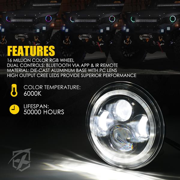 Xprite USA, Xprite 7" 90W G2 Exhibit Series LED Headlights Jeep Wrangler TJ/JK [w/ RGB Chasing Halo] (1997-2018) HL-90W-G2-DANCE