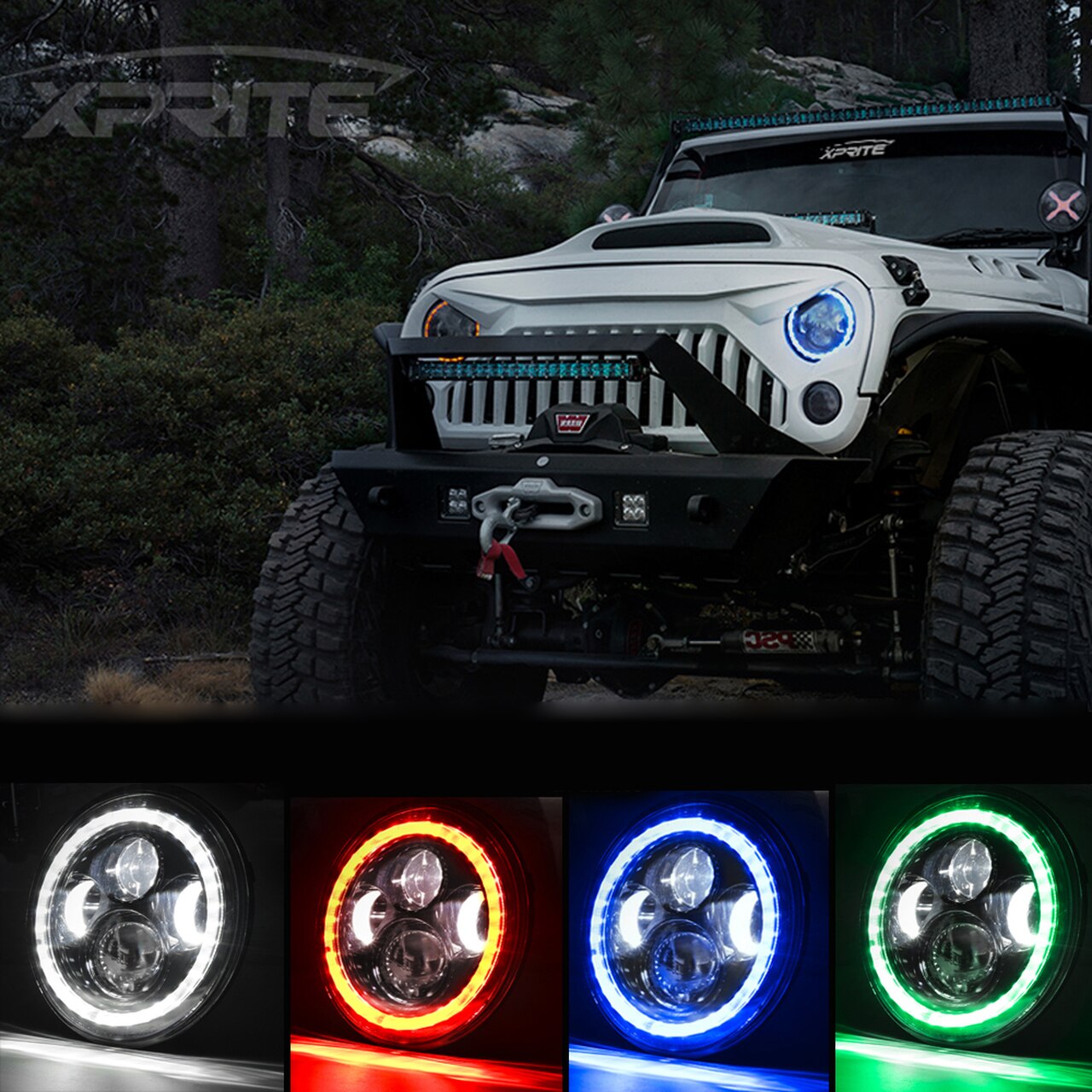 Xprite USA, Xprite 7" 90W LED Headlights Jeep Wrangler (97-18) White / Red / Blue / Green Halo