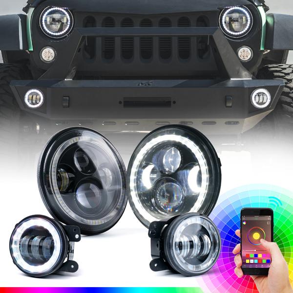 Xprite USA, Xprite 7" RGB LED Bluetooth Headlights & Fog Light Kit Jeep Wrangler JK JKU (2007-2018) HL-90W-G1-RGB-KIT