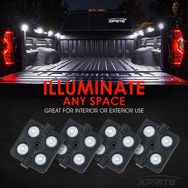 Xprite USA, Xprite 8 LED Square Rock Light Pods Truck Bed Lighting Kit w/ Switch - DL-002-L4-W