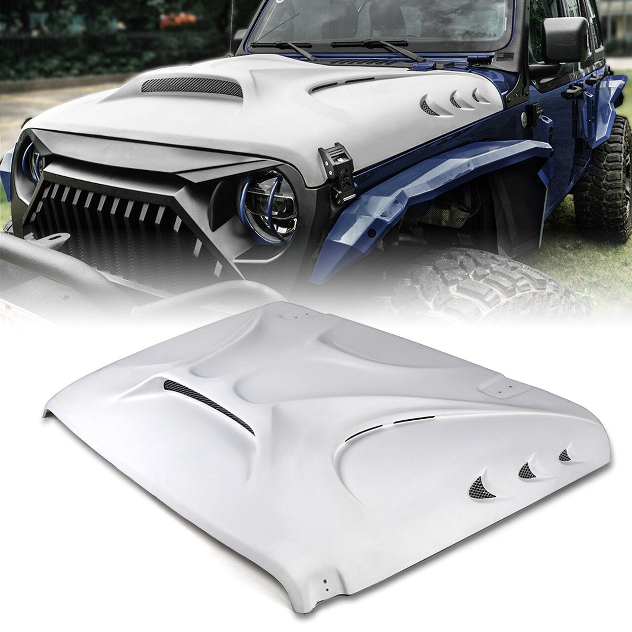 Xprite USA, Xprite Beast Series Fiberglass Hood Jeep Wrangler JL (18-20) Gladiator (2020) [Unpainted w/ Open Air Scoop & Vents] ZS-0103