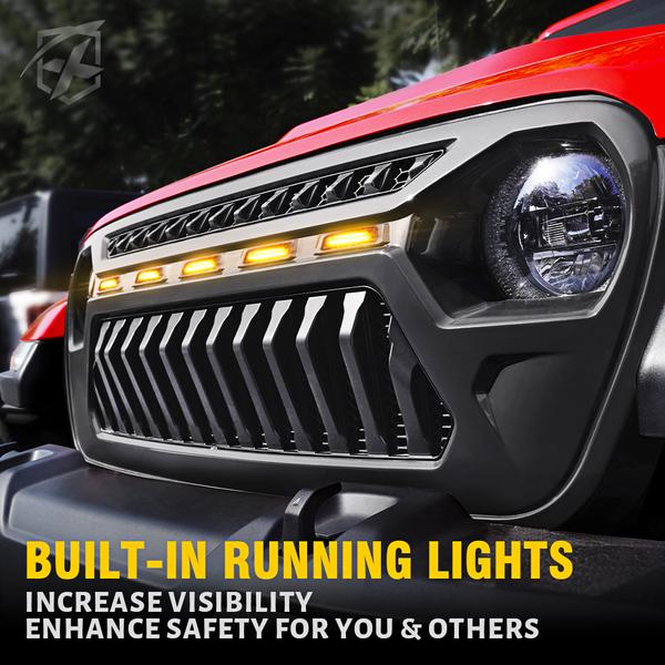 Xprite USA, Xprite Black Gladiator Grille Jeep Wrangler JL/JT (2018-2020 ) w/ Amber LED Running Lights - ZS-0106K-JL