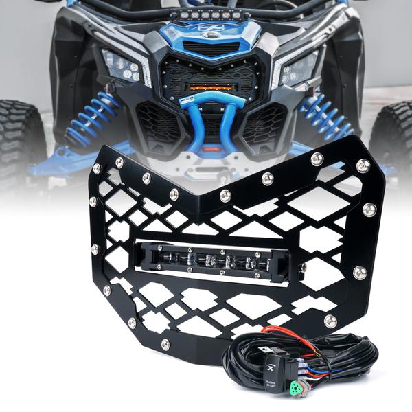 Xprite USA, Xprite Black Steel Mesh Grille Can-Am Maverick X3 (2017-2018) w/ 8" LED Lightbar - UTV-CG-G1+C6A