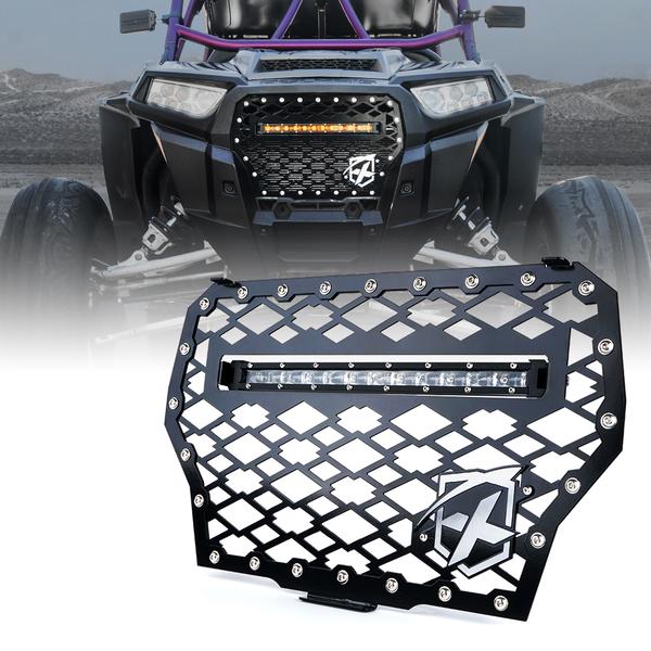 Xprite USA, Xprite Black Steel Mesh Grille Polaris RZR/1000 XP/Turbo (2017-2018) with Badge / LED Lightbar / US Flag