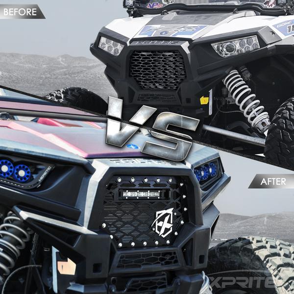 Xprite USA, Xprite Black Steel Mesh Grille Polaris RZR/900/S/1000 XP (2014-2018) w/ 8" LED Lightbar / w/ Flag