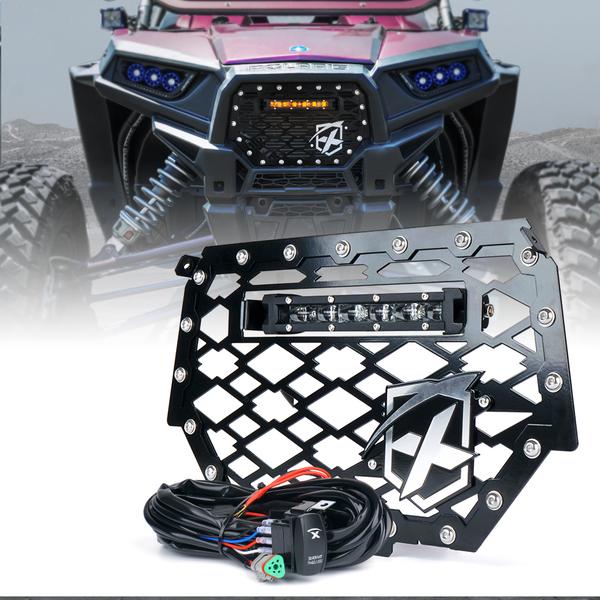 Xprite USA, Xprite Black Steel Mesh Grille Polaris RZR/900/S/1000 XP (2014-2018) w/ 8" LED Lightbar / w/ Flag