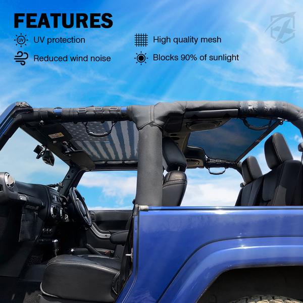 Xprite USA, Xprite Top Mesh Sun Shade Jeep Wrangler JKU 4 Door (2007-2018) Blue/Flag/Grey/Black/Red