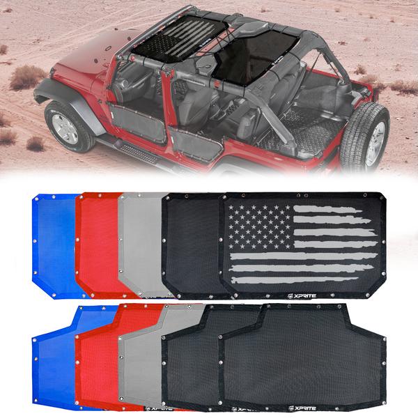 Xprite USA, Xprite Top Mesh Sun Shade Jeep Wrangler JKU 4 Door (2007-2018) Blue/Flag/Grey/Black/Red