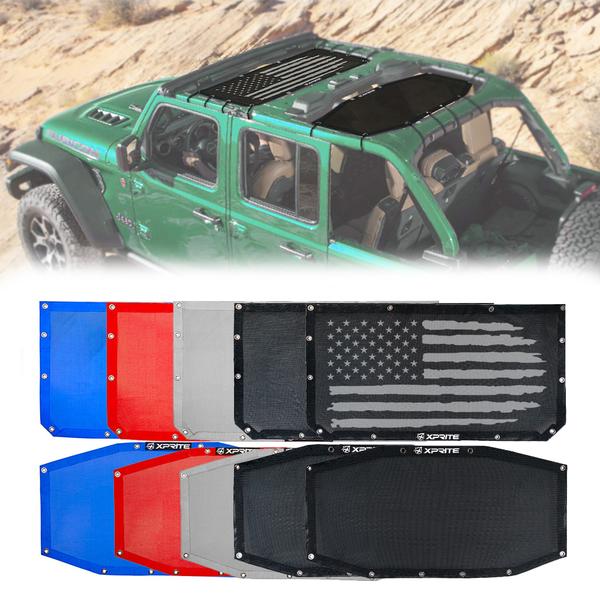 Xprite USA, Xprite Top Mesh Sun Shade Jeep Wrangler JLU 4 Door (2018-2020) Blue/Flag/Grey/Black/Red