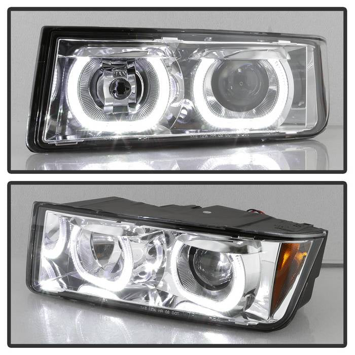 Xtune, Xtune Projector Headlights Chevy Avalanche w/ Body Cladding (02-06) [Halo DRL LED Light Bar - Halogen Model] Black or Chrome w/ Amber Turn Signal